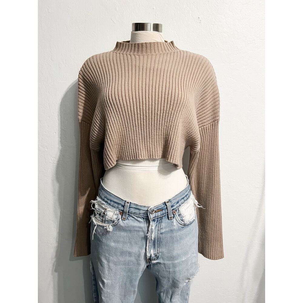 Mable Sweater Small Cropped Mock Neck Ribbed Tan Taupe Long Sleeve